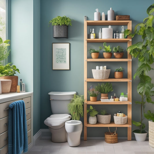 A stylish bathroom featuring a wall-mounted shelving unit filled with neatly organized toiletries, colorful baskets, and floating shelves adorned with plants, maximizing vertical space in a serene, modern setting with soft lighting.
