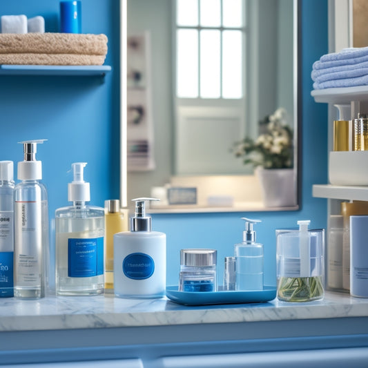 A tidy bathroom countertop with a mirrored medicine cabinet, open to reveal neatly stacked shelves containing labeled baskets, small bins, and a rotating turntable, surrounded by a few strategically placed toiletries.