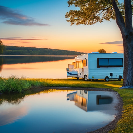 A serene lakeside RV campsite at sunset, with a gleaming white motorhome, surrounded by lush green trees, and a few sailboats drifting on the calm water in the background.