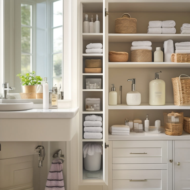 A tidy, white bathroom cabinet with sliding drawers, adjustable shelves, and baskets filled with neatly arranged toiletries, towels, and skincare products, illuminated by soft, natural light.