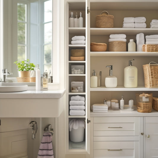 A tidy, white bathroom cabinet with sliding drawers, adjustable shelves, and baskets filled with neatly arranged toiletries, towels, and skincare products, illuminated by soft, natural light.