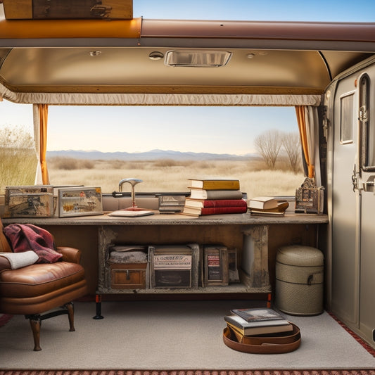 A vintage Argosy Airstream trailer, partially restored, with open compartments revealing yellowed manuals, rusty tools, and worn leather-bound books, surrounded by nostalgic travel memorabilia and scattered retro-style postcards.