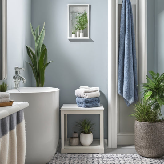A serene bathroom corner with two floating shelves, one above the other, holding rolled towels, candles, and a potted orchid, against a soft, gray-blue background with subtle tile pattern.