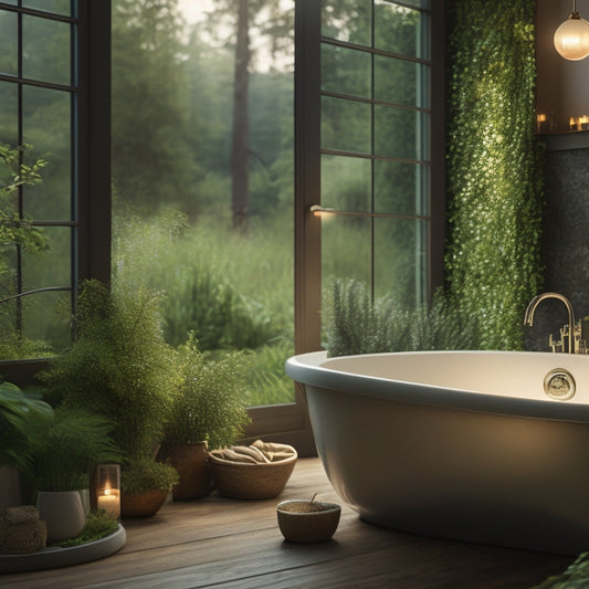 A serene bathroom scene featuring a freestanding tub surrounded by lush greenery, soft candlelight, and a large window with a blurred outdoor landscape, evoking a sense of relaxation and tranquility.