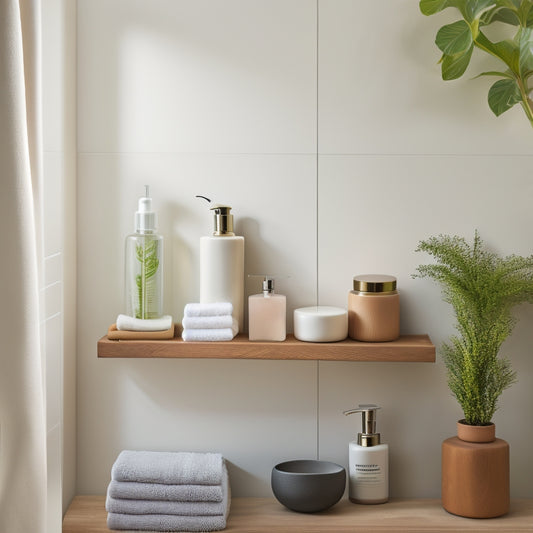 An elegant bathroom scene featuring sleek, wall-mounted wooden shelves displaying neatly organized toiletries, minimalist decor, and subtle greenery, all set against a soft, neutral-colored wall that enhances the serene atmosphere.