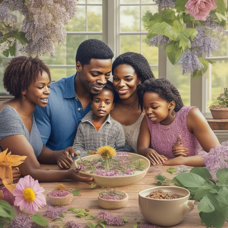 A warm and inviting illustration of a diverse family of four, surrounded by puzzle pieces, flowers, and subtle hints of home and community, conveying a sense of unity, support, and growth.