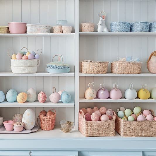 A colorful, clutter-free cabinet interior with pastel-hued Easter baskets, neatly stacked ceramic egg containers, and a pegboard adorned with tiny baskets, ribbons, and decorative picks, surrounded by soft, warm lighting.