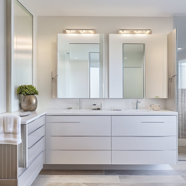 A sleek, modern bathroom with a large, mirrored cabinet spanning the entire wall, surrounded by crisp white countertops, polished chrome fixtures, and soft, ambient lighting.