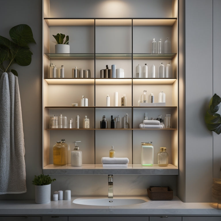 A sleek, modern bathroom with a large, wall-mounted mirror cabinet featuring three shelves, illuminated by soft, warm lighting, with a few bottles and jars arranged neatly on the middle shelf.