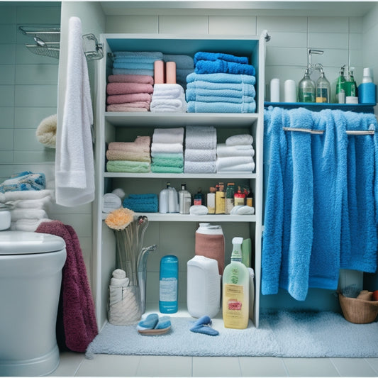 A cluttered bathroom linen closet with towels and toiletries spilling out, shelves overflowing, and a mess of tangled cords and forgotten items, with a faint hint of calmness in the background.