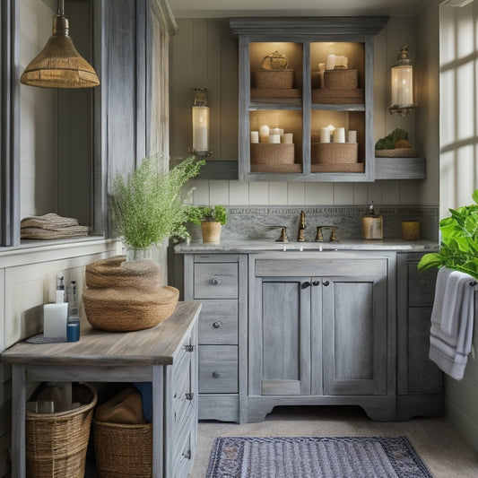 A serene, soft-lit bathroom with distressed wooden cabinets, adorned with ornate metal hardware, featuring a mix of apothecary jars, woven baskets, and vintage metal bins storing toiletries and linens.