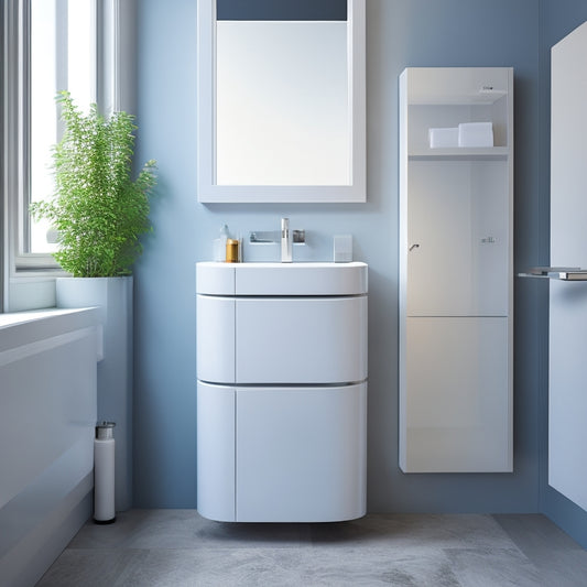 A modern, sleek sink toilet cabinet unit in a compact, minimalist bathroom with a small footprint, surrounded by gleaming white walls and a large, circular mirror.