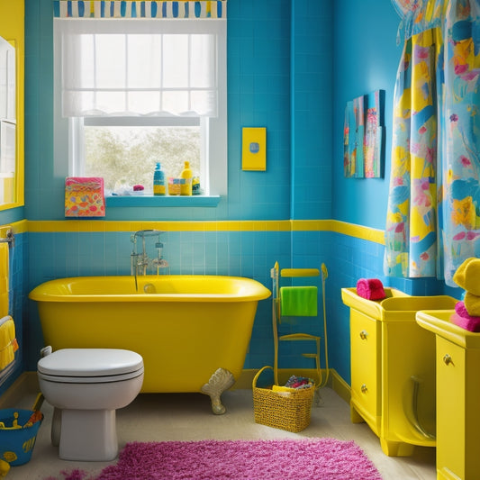 A colorful bathroom with framed kid-drawn artwork on walls, a bright yellow tub, and a shower curtain with a fun, hand-painted design, surrounded by toys and bathroom essentials.