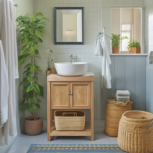 A tidy bathroom with a wall-mounted cabinet, a pedestal sink with built-in storage, and a woven basket on the floor, surrounded by a few rolled towels and a potted plant.