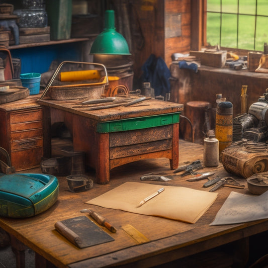 A cluttered workshop table with a vintage Craftsman lawn tractor manual surrounded by scattered tools, rusty tractor parts, and torn notebook pages with scribbled notes.