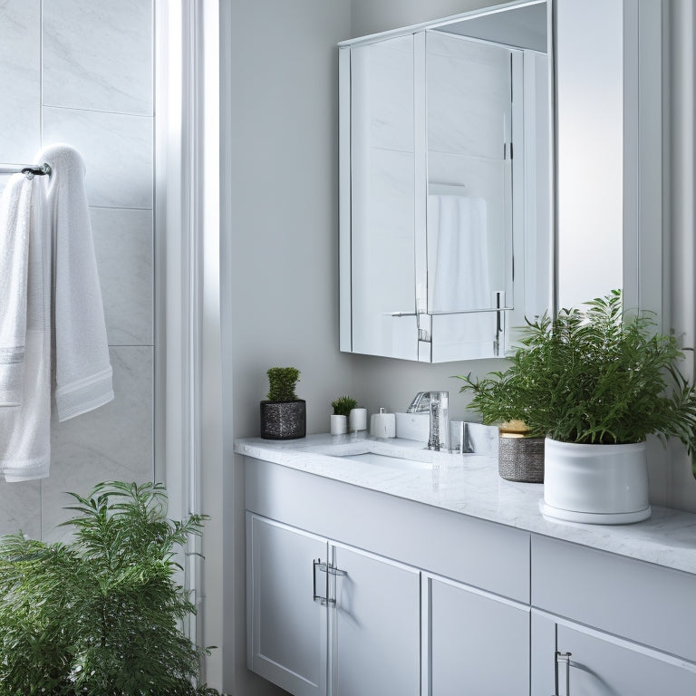 A sleek, modern white bathroom cabinet with chrome hardware, recessed lighting, and a large mirror above, set against a calming gray and white marble background with a few decorative towels and greenery.