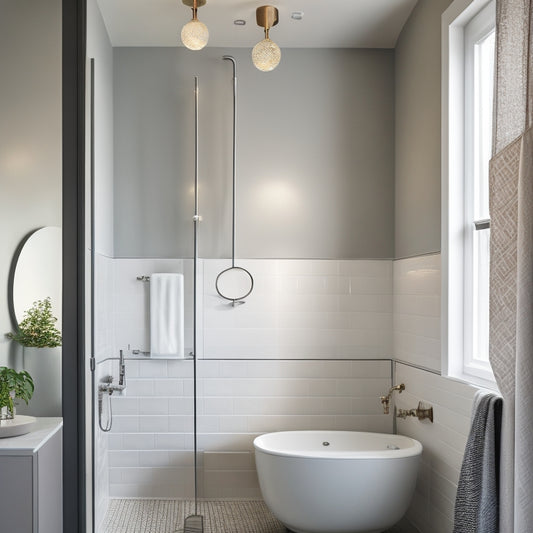 A sleek, minimalist bathroom with a wall-mounted sink, a rainfall showerhead, and a freestanding tub, surrounded by large, light-gray tiles and illuminated by a contemporary, globe-shaped pendant light.