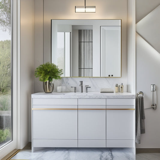 A modern bathroom with a large, rectangular mirror above a sleek, wall-mounted cabinet featuring two drawers with chrome handles, surrounded by crisp white walls and polished marble countertops.