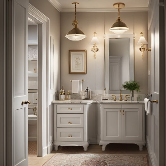 A serene bathroom scene featuring a stylish, wall-mounted bathroom cupboard with mirrored doors, surrounded by elegant fixtures, soft lighting, and a few strategically-placed toiletries.