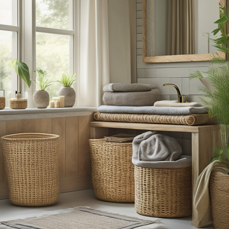 A serene bathroom scene with 3-4 woven storage baskets in natural materials (wicker, rattan, or jute) of varying sizes and shapes on a wooden shelf above a sink, amidst lush greenery.