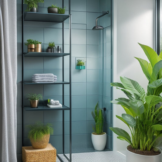 A sleek, modern shower corner featuring tiered glass shelves, minimalist metal hooks, and vibrant potted plants, all arranged to maximize space in a stylish condo bathroom with contemporary tiles and soft ambient lighting.