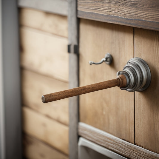 A close-up of a rustic, metal-finished cabinet handle with exposed screws, set against a contrasting smooth, white porcelain sink and a distressed, reclaimed wood cabinet door.