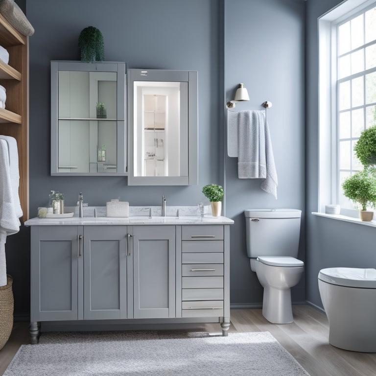 A modern bathroom with sleek, wall-mounted cabinets in a soft gray finish, a recessed medicine cabinet with mirrored door, and a freestanding tub surrounded by a woven storage basket.