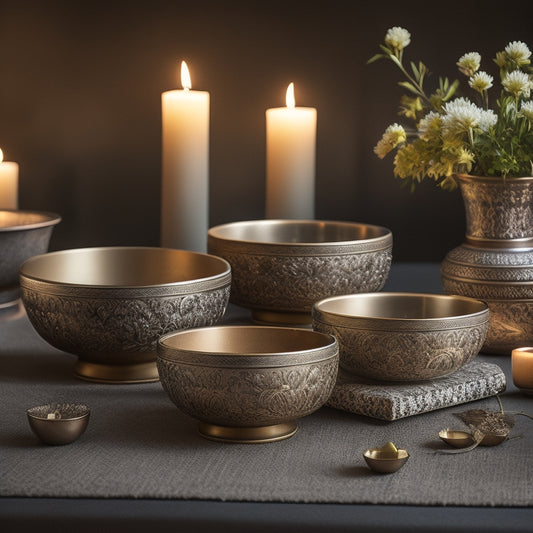 An serene atmosphere with a collection of polished, intricately engraved singing bowls in various sizes, surrounded by candles, flowers, and a subtle mist, evoking a sense of calm and tranquility.