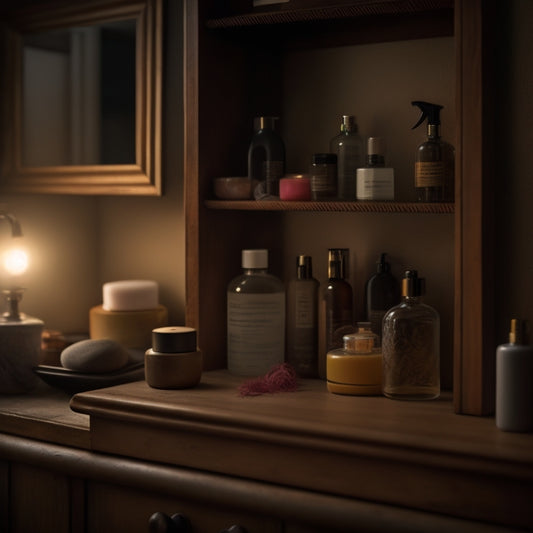 A dimly lit bathroom cabinet with worn wooden shelves, cluttered with expired skincare products, tangled hair accessories, and dusty decorative containers, with a few stray hairs and dust bunnies scattered about.