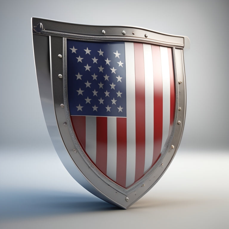 A stylized American flag waving in the wind, with a shiny silver shield or badge overlay, featuring a subtle droplet or water-inspired design element, on a clean white background.