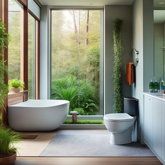 A serene, modern master bathroom with a freestanding tub, surrounded by lush greenery, featuring a wall-mounted toilet with a built-in bidet, and a sleek, chrome-finished showerhead pouring water.