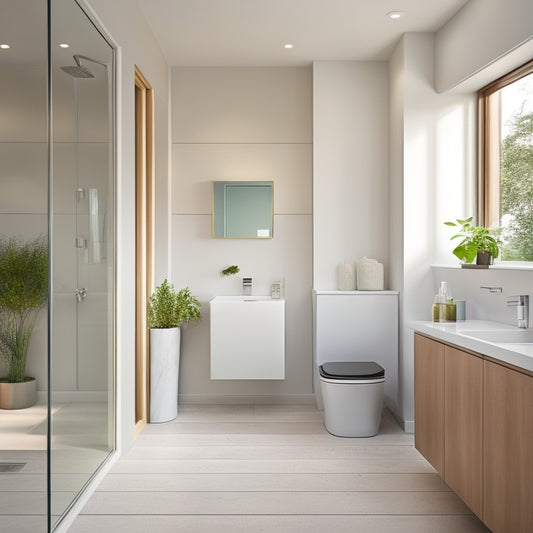 A serene, minimalist bathroom with a wall-mounted sink, a compact toilet, and a sleek, floor-to-ceiling cabinet with sliding glass doors, surrounded by soft, warm lighting.