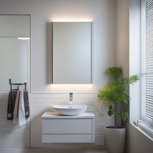 A modern bathroom with a sleek, wall-mounted medicine cabinet featuring a large, rectangular mirror with a subtle LED glow, surrounded by crisp, white tiles and minimalist decor.