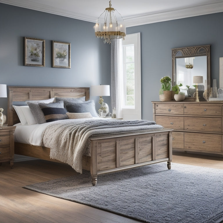 A stylish bedroom featuring a refurbished Ikea Tarva dresser with new hardware, distressed wood finish, and decorative trim, surrounded by elegant lighting, plush rug, and chic decor.