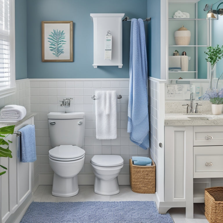 A tidy bathroom with a wall-mounted cabinet, a pedestal sink with a storage basket underneath, a toilet with a stackable storage unit beside it, and a shower caddy with hanging towels.