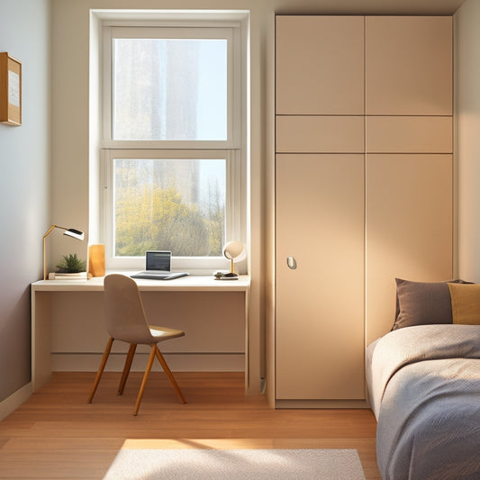 A minimalist, well-organized small room with a Murphy bed, a compact desk, and a few curated decorative items, surrounded by plenty of empty space and natural light.