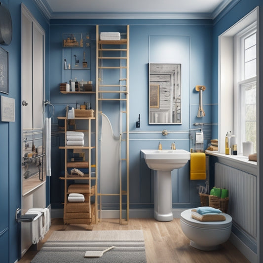 An illustration of a bathroom with a floor-to-ceiling cabinet installation in progress, showcasing tools, measuring tape, and construction materials scattered around, with a ladder leaning against the wall.