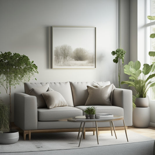 A serene, minimalist illustration of a compact living room with a sleek sofa, a few carefully selected decorative items, and a few potted plants, with plenty of empty space and natural light.