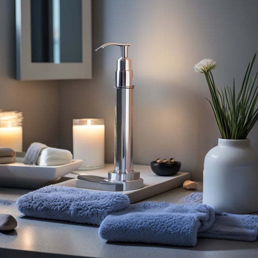 A well-lit, modern bathroom countertop with a neatly arranged assortment of essentials: a sleek toothbrush holder, a refillable soap dispenser, a plush towel, and a few artfully placed decorative pebbles.
