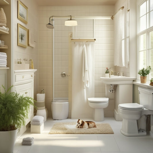 A serene, cream-colored bathroom with a walk-in shower featuring a built-in pet washing station, adjacent to a pet grooming area with a plush cat tower and storage for pet supplies.