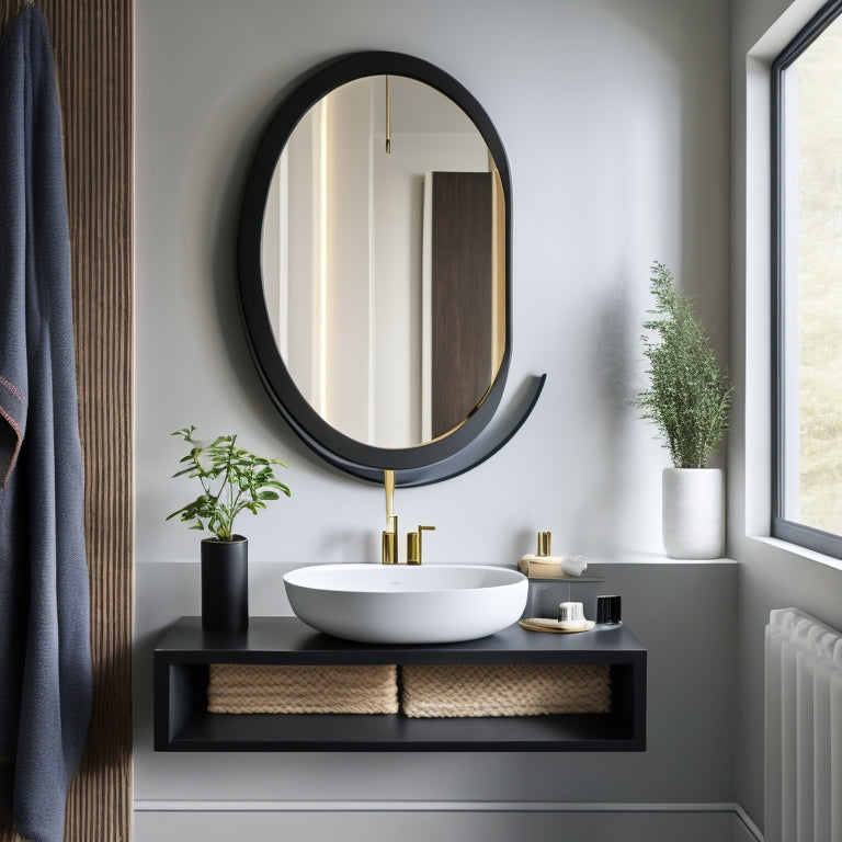 A sleek, wall-mounted vanity with a curved, matte-black sink and a rectangular, LED-lit mirror above, surrounded by minimalist, wall-to-wall shelves and a woven, natural fiber rug.