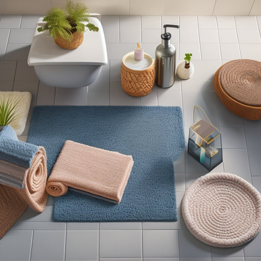 A serene bathroom scene with 7 different non-slip bath mats, each uniquely designed with varying textures, colors, and patterns, arranged artfully around a sleek, modern bathtub.
