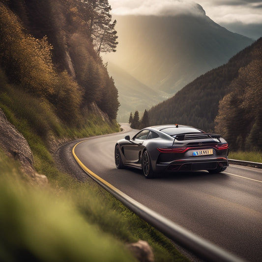 A sleek, high-performance sports car speeding down a winding mountain road, with a blurred background and a prominent, open manual lying on the passenger seat.