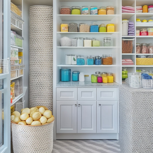 A bright, modern pantry with sleek white shelves, filled with matching glass jars and baskets, adorned with colorful, geometric-patterned labels in various shapes and sizes.