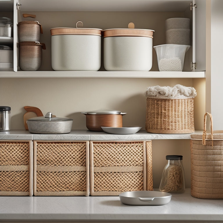 A tidy, modern kitchen cabinet with five woven storage baskets in various sizes, filled with organized kitchen utensils, cookbooks, and decorative items, against a soft, creamy background.