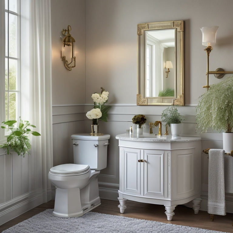 A beautifully styled bathroom with a pedestal sink as the centerpiece, surrounded by elegant fixtures, a large mirror, and a decorative wall treatment, with a subtle hint of natural light.