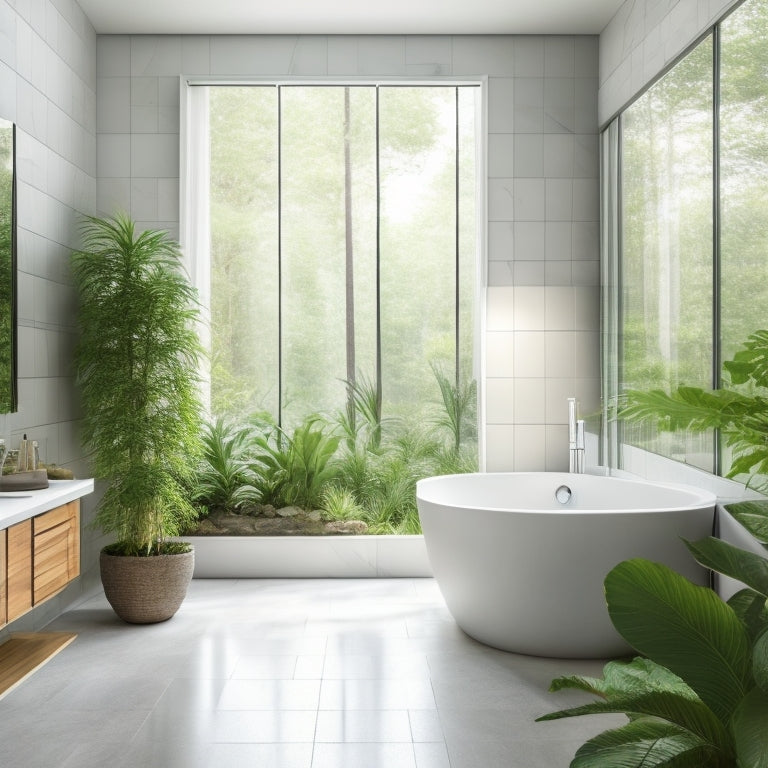 Generate an image of a serene bathroom oasis featuring a sleek, white free-standing tub centered amidst a spacious, gray-tiled floor, surrounded by a glass-enclosed rain shower and lush greenery.