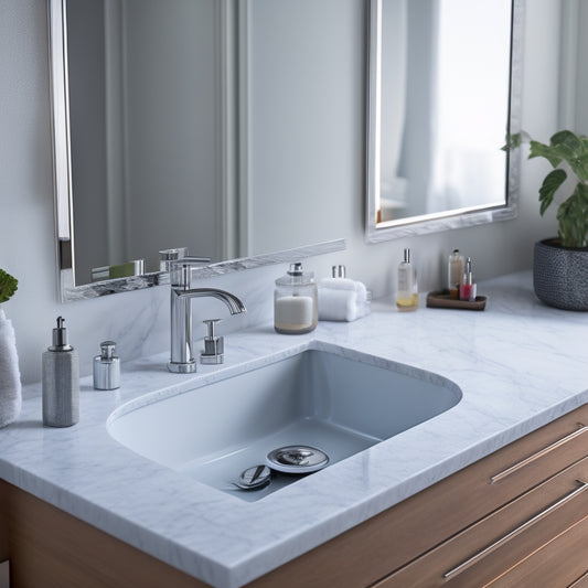 A clean and modern bathroom with a half-installed marble countertop, tools and materials scattered around, a level and a wrench on the counter, and a faint outline of a sink basin.