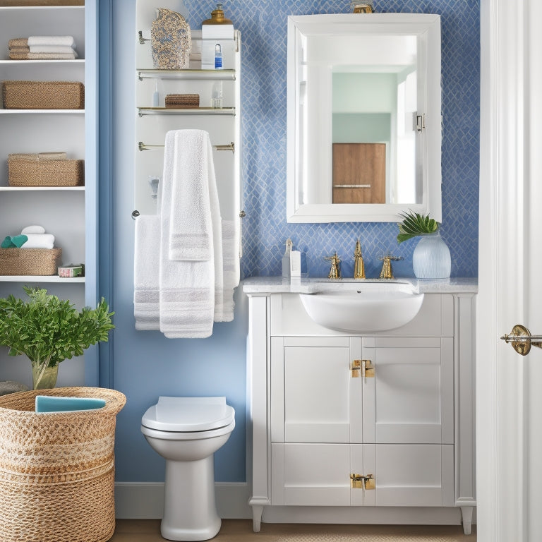 A tidy bathroom with a wall-mounted cabinet, a pedestal sink with a woven basket underneath, and a mirrored medicine cabinet with a few organized toiletries, against a calming blue background.