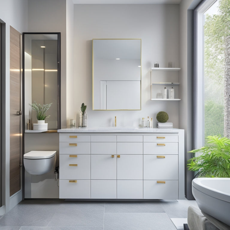 A sleek, modern bathroom with a large, wall-mounted cabinet featuring multiple drawers, shelves, and mirrored doors, surrounded by a minimalist sink, toilet, and marble flooring.